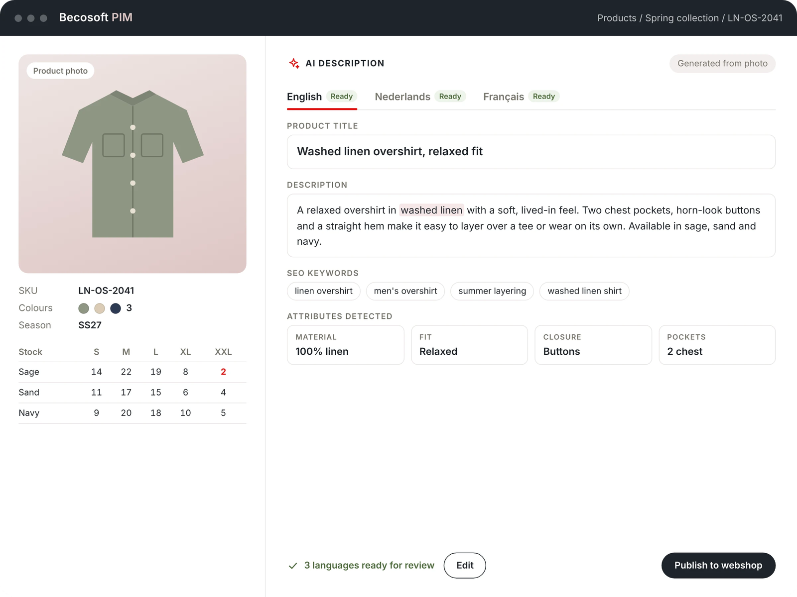 Becosoft PIM-scherm: een producttitel, beschrijving, SEO-zoekwoorden en kenmerken, door AI gegenereerd op basis van een productfoto, klaar in het Engels, Nederlands en Frans